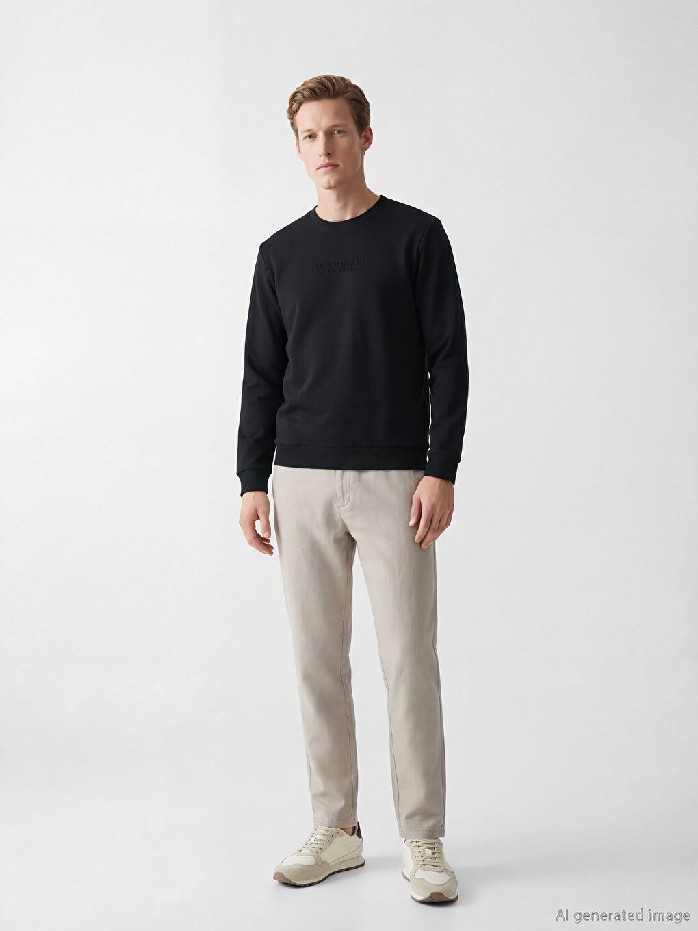 Siyah Bisiklet Yaka Nakışlı Erkek Sweatshirt-1