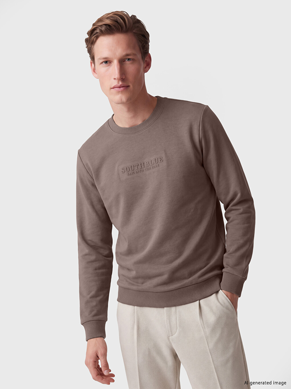 Bisiklet Yaka Nakışlı Erkek Kalın Sweatshirt
