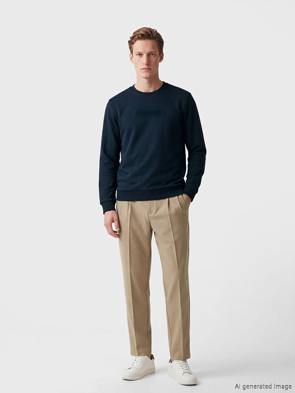 Lacivert Bisiklet Yaka Nakışlı Erkek Sweatshirt-1