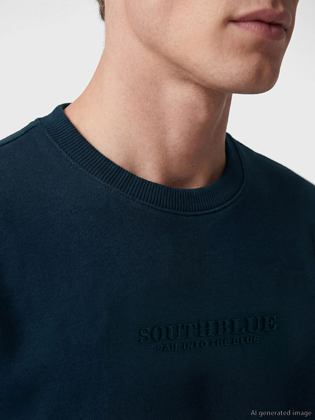 Lacivert Bisiklet Yaka Nakışlı Erkek Sweatshirt-2