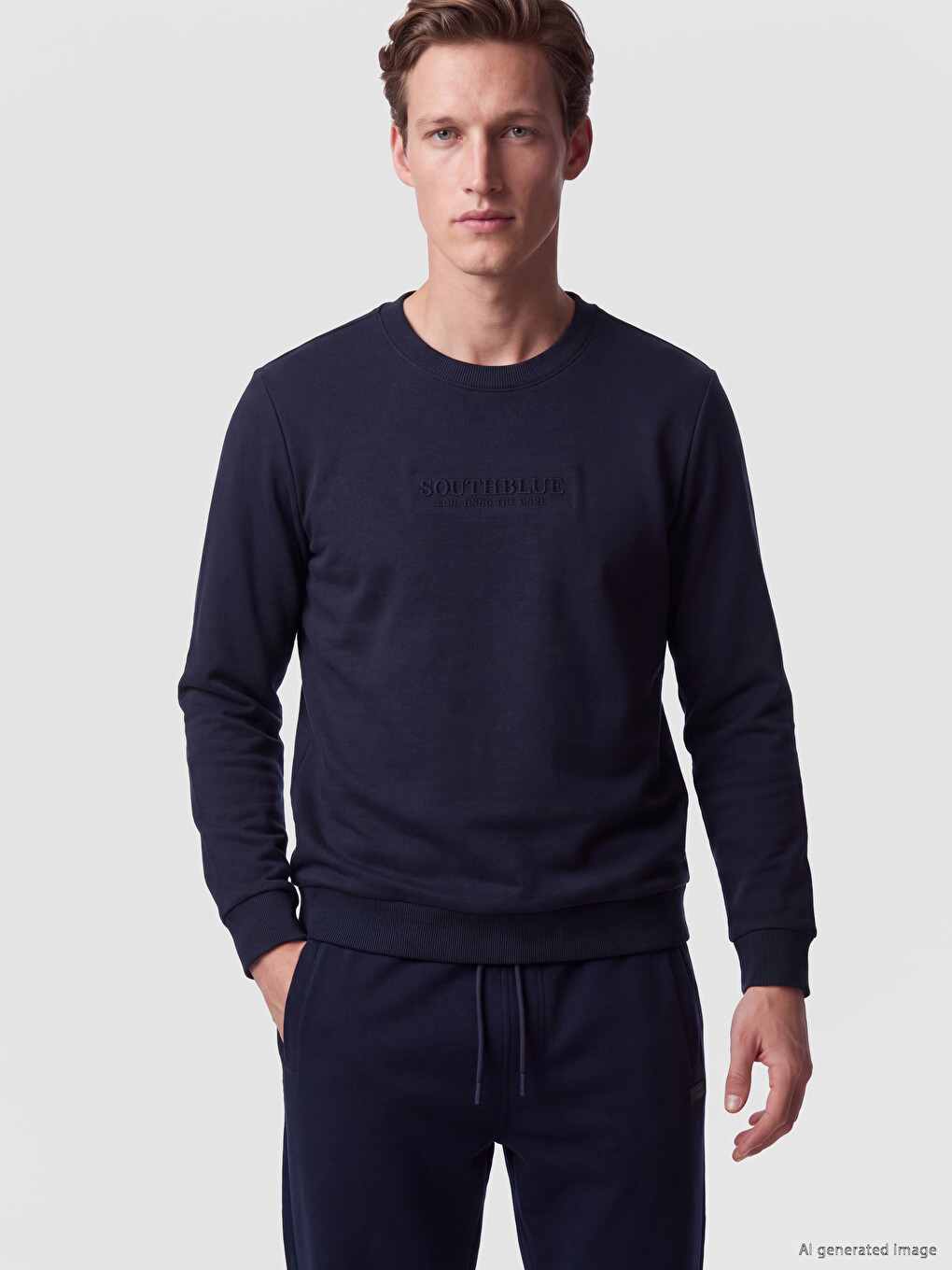 Lacivert Bisiklet Yaka Nakışlı Erkek Kalın Sweatshirt