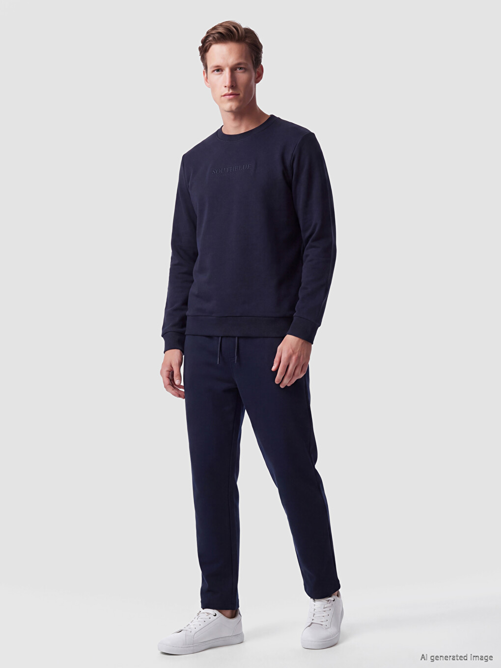Lacivert Bisiklet Yaka Nakışlı Erkek Kalın Sweatshirt-1