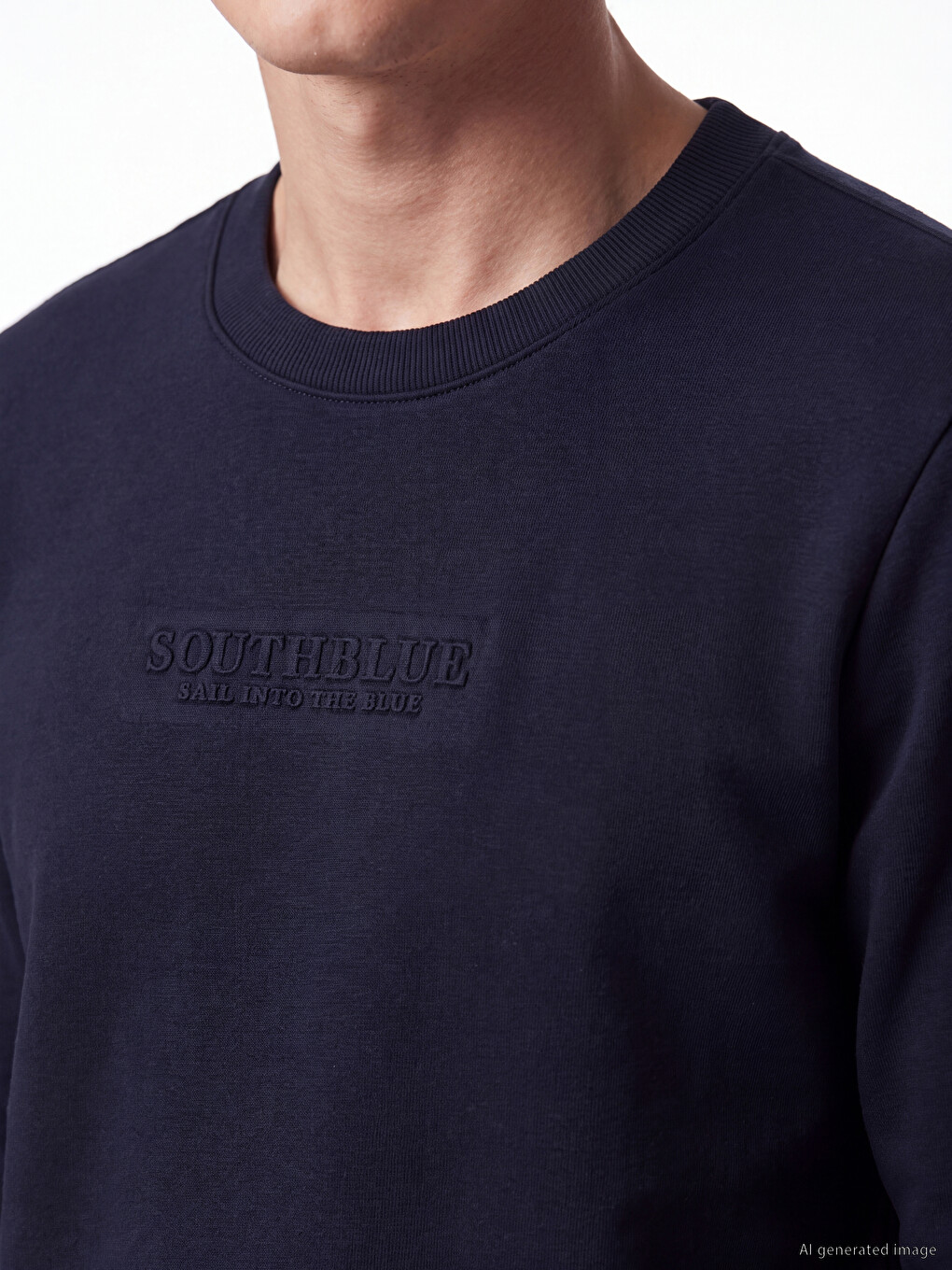 Lacivert Bisiklet Yaka Nakışlı Erkek Kalın Sweatshirt-2