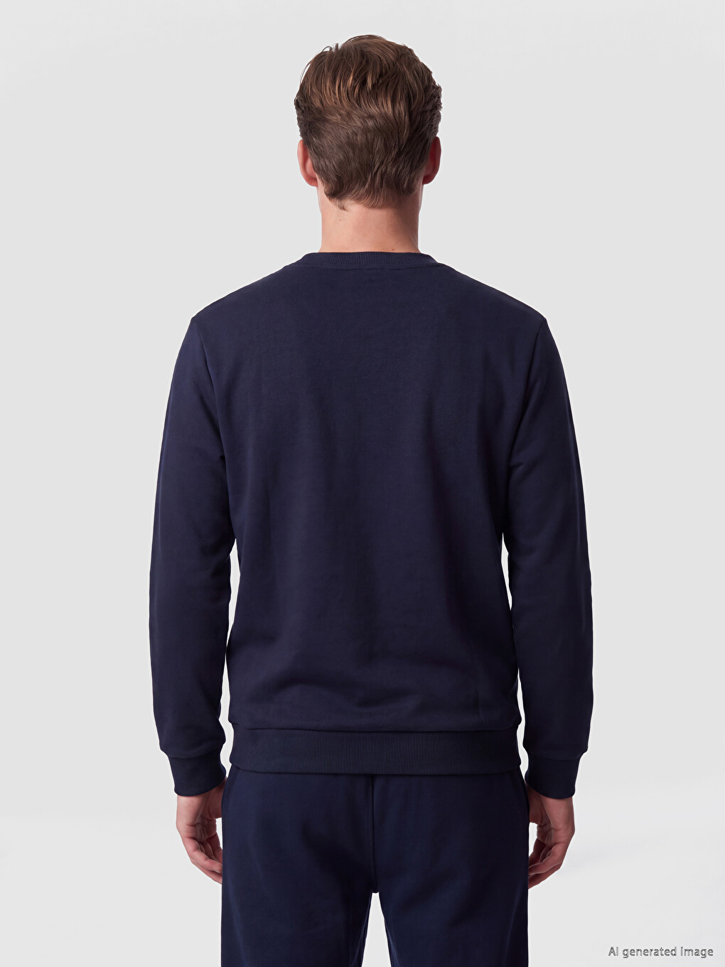 Lacivert Bisiklet Yaka Nakışlı Erkek Kalın Sweatshirt-3