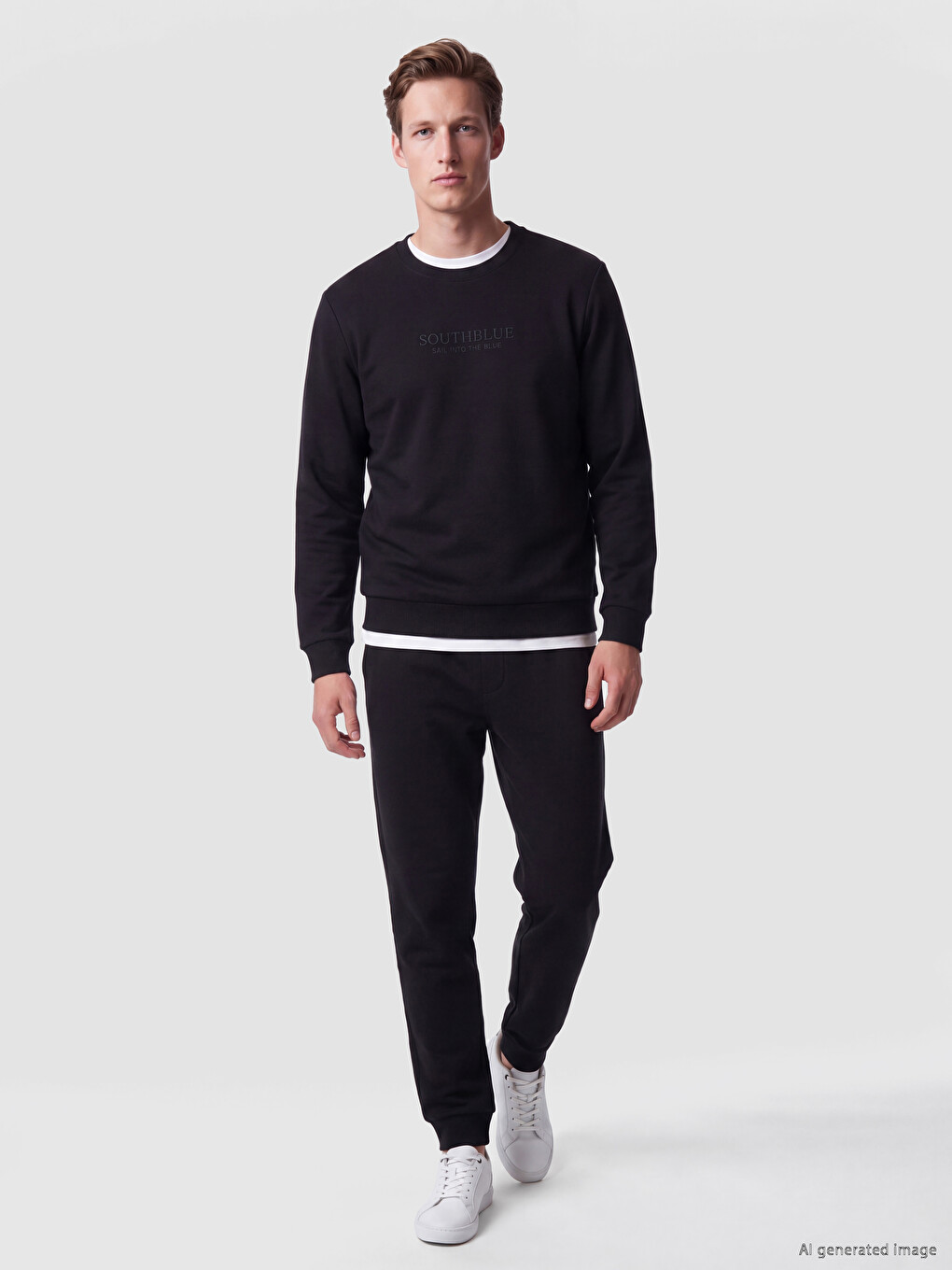 Siyah Bisiklet Yaka Nakışlı Erkek Kalın Sweatshirt-1