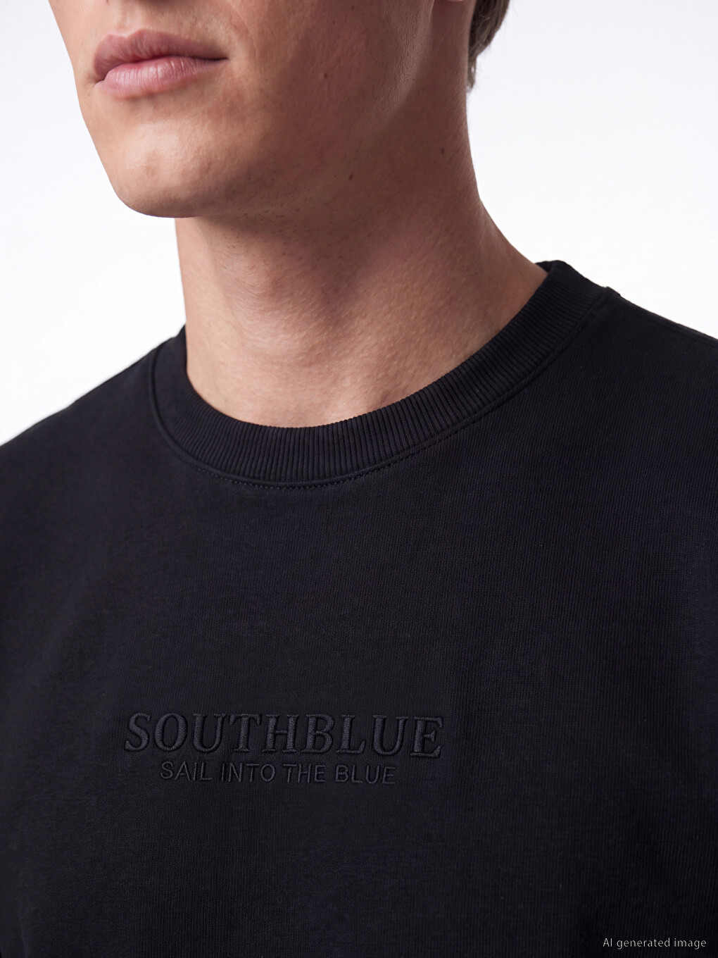 Siyah Bisiklet Yaka Nakışlı Erkek Kalın Sweatshirt-2