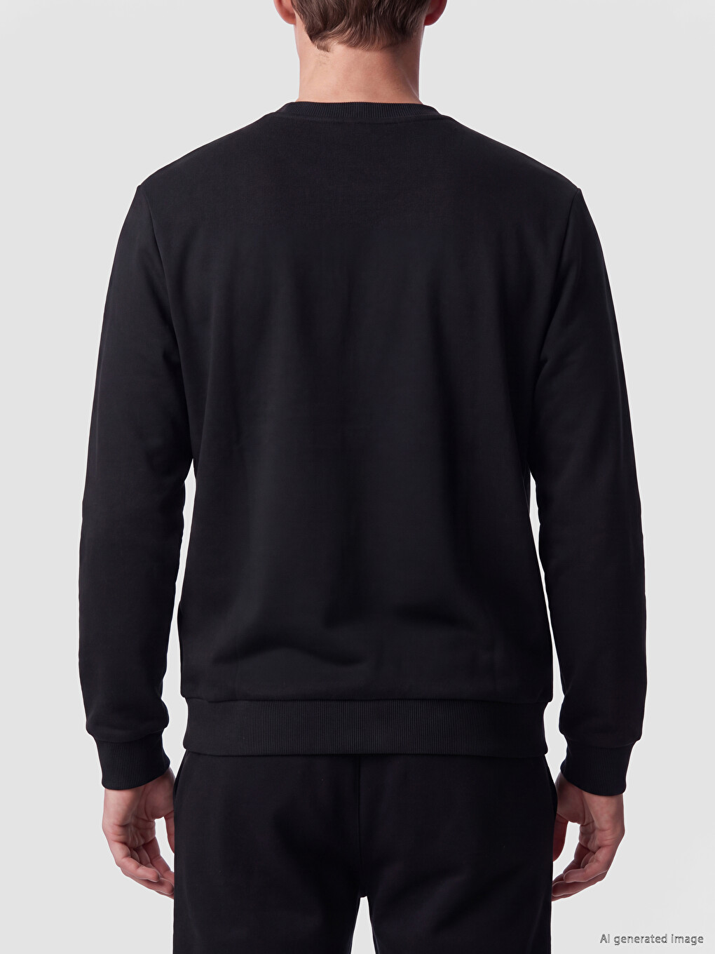 Siyah Bisiklet Yaka Nakışlı Erkek Kalın Sweatshirt-3