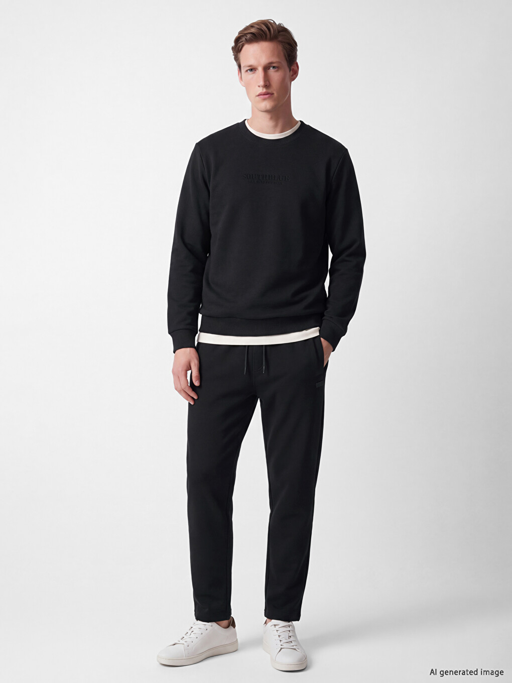 Siyah Bisiklet Yaka Nakışlı Erkek Kalın Sweatshirt-1
