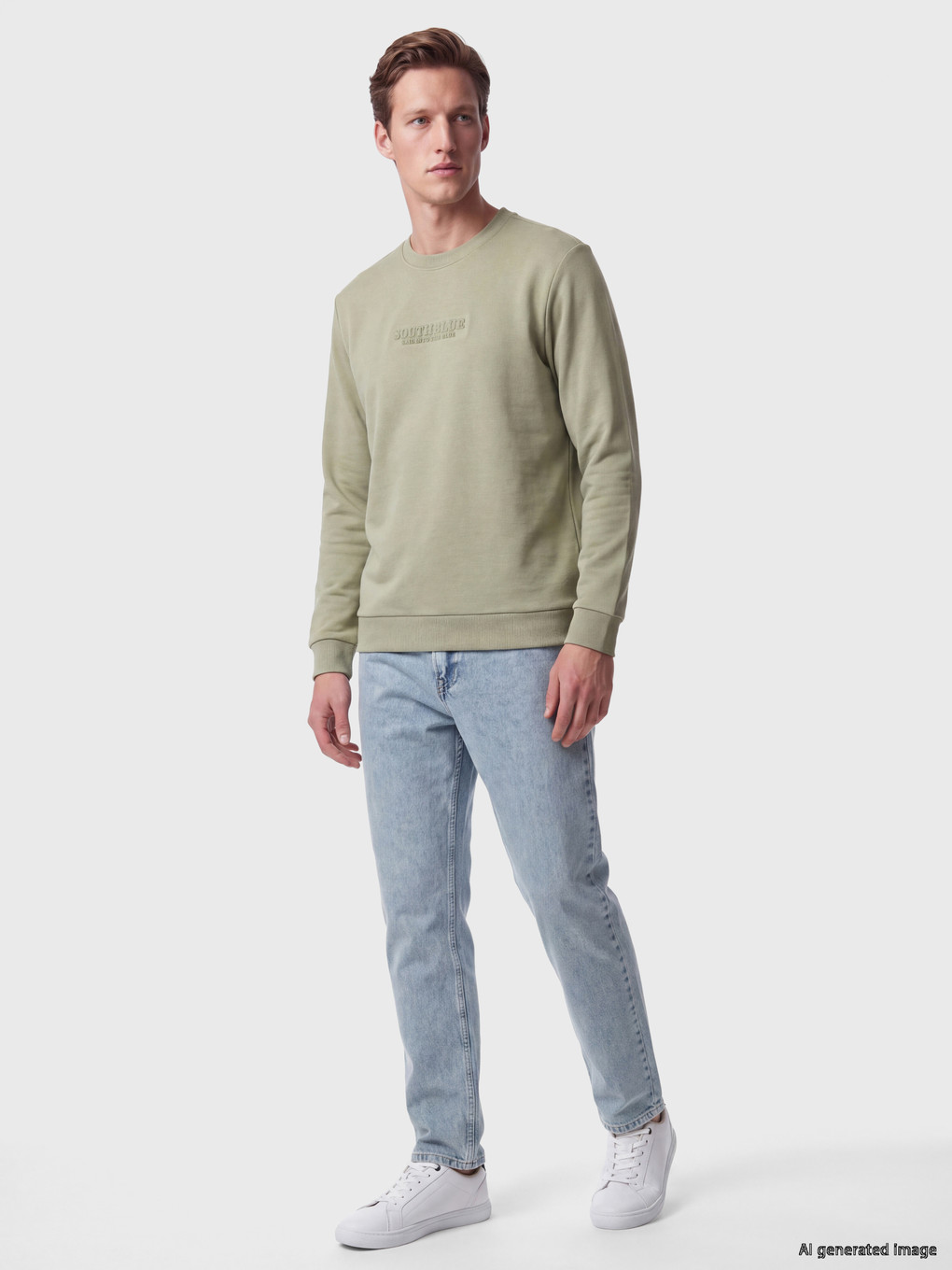 Yeşil Bisiklet Yaka Erkek Kalın Sweatshirt-1