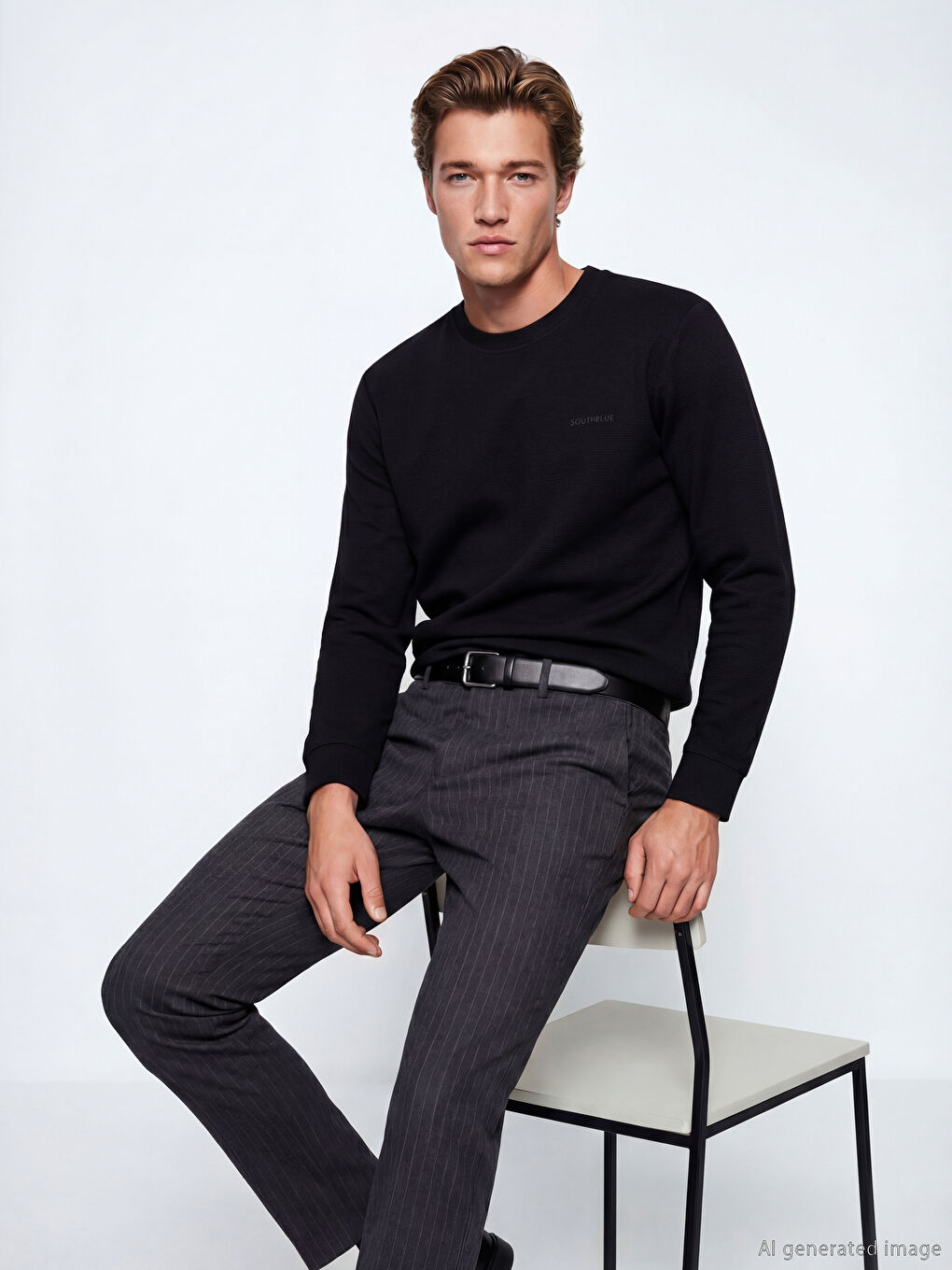 Siyah Bisiklet Yaka Nakışlı Erkek Sweatshirt