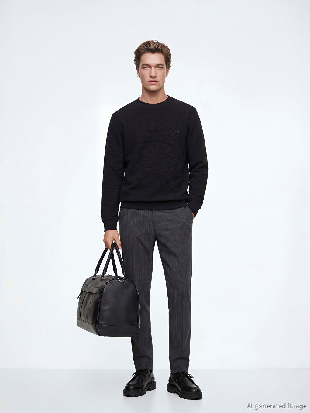 Siyah Bisiklet Yaka Nakışlı Erkek Sweatshirt-1