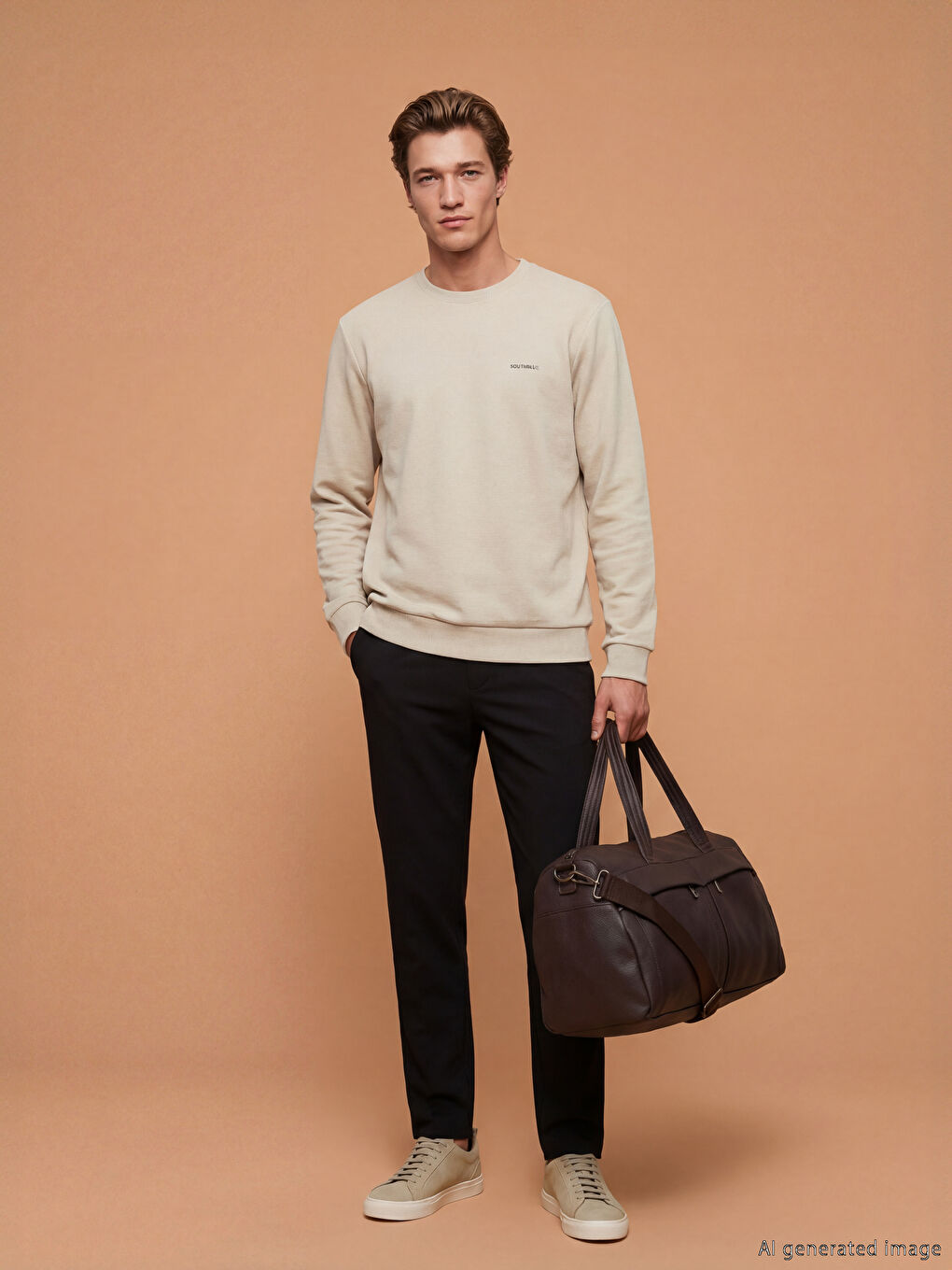 Bej Bisiklet Yaka Nakışlı Erkek Sweatshirt-1