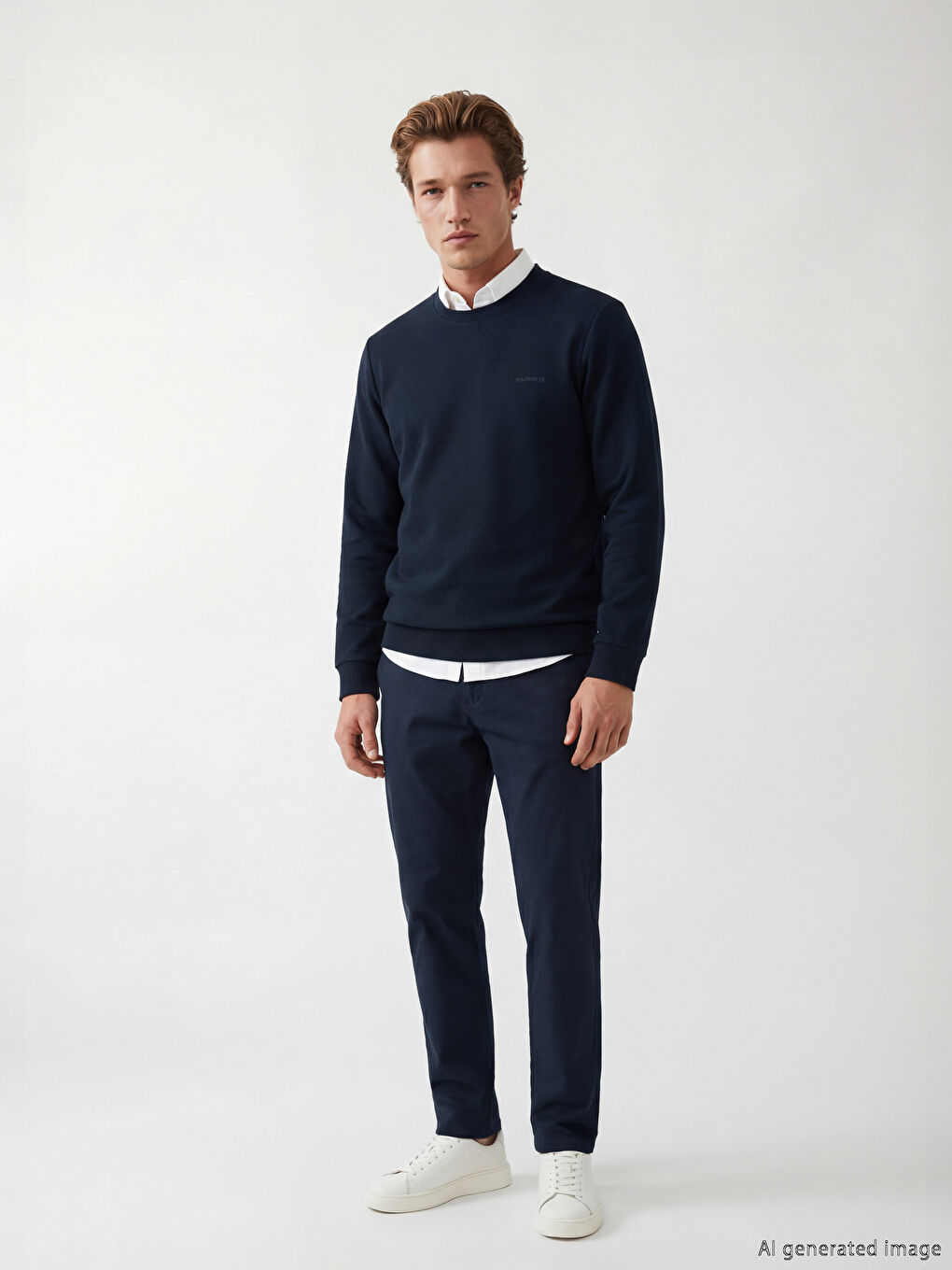 Lacivert Bisiklet Yaka Nakışlı Erkek Sweatshirt-1