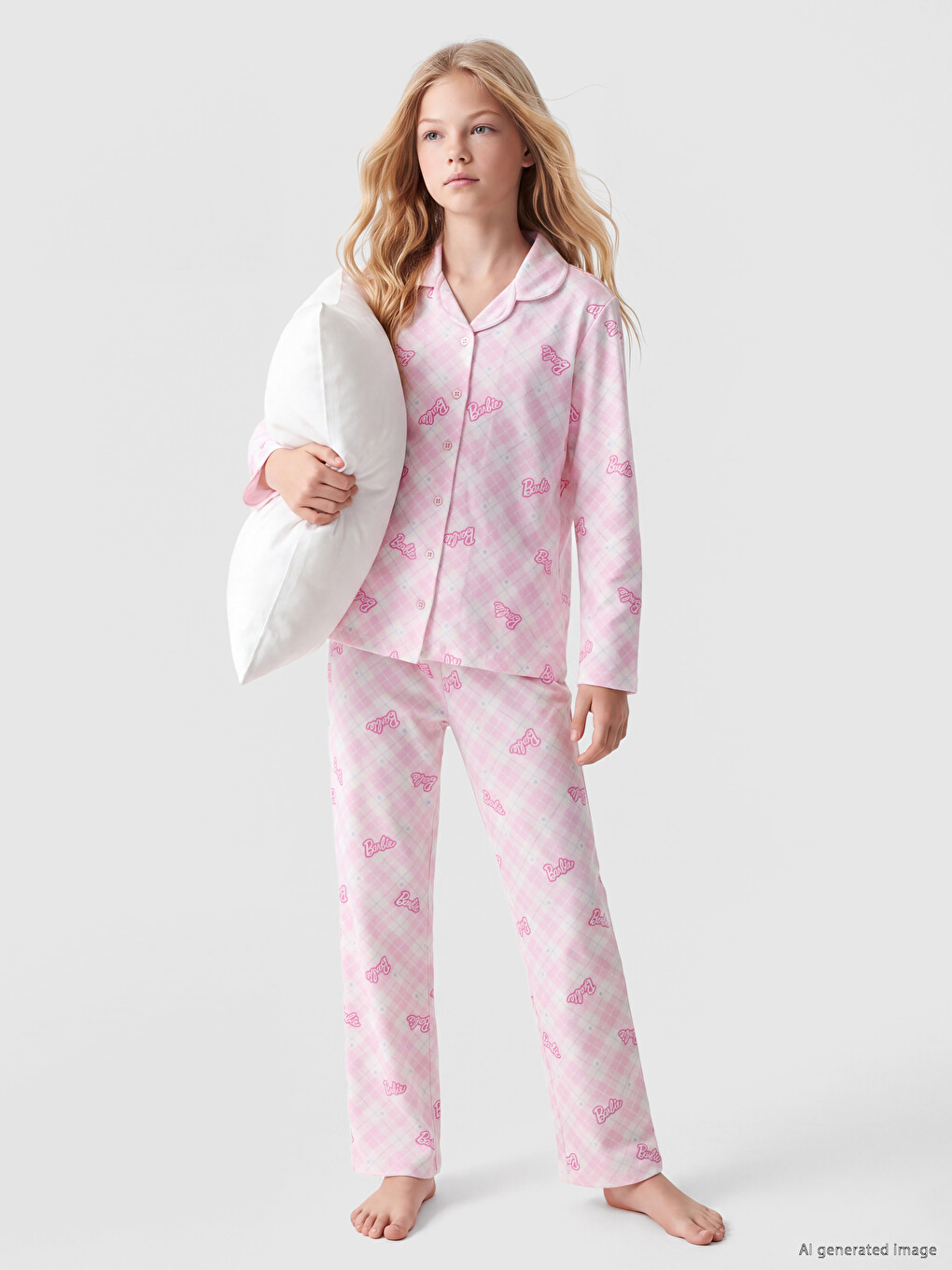 Pembe Barbie Baskılı Kız Çocuk Pijama Takım-1