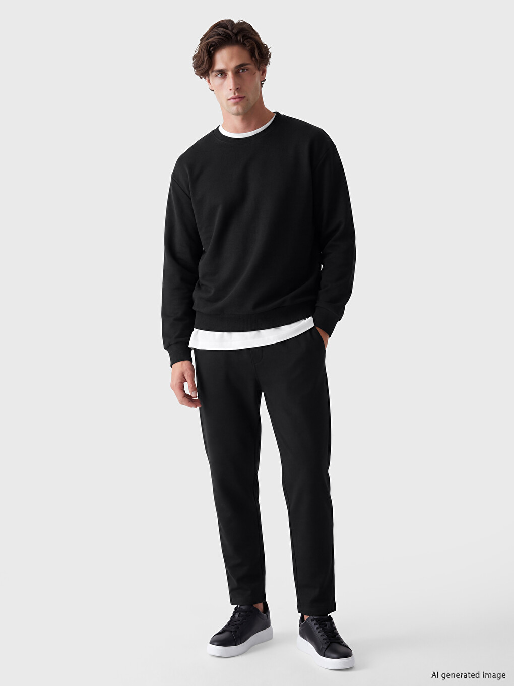 Siyah Bisiklet Yaka Erkek Sweatshirt-1