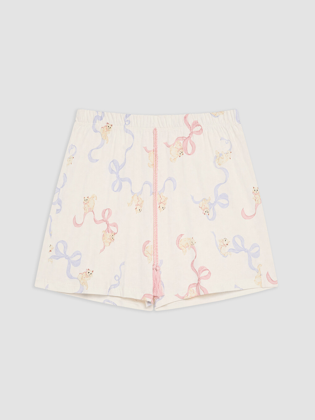 Ekru Beli Lastikli Baskılı Kadın Şort Pijama Altı 2'li-11