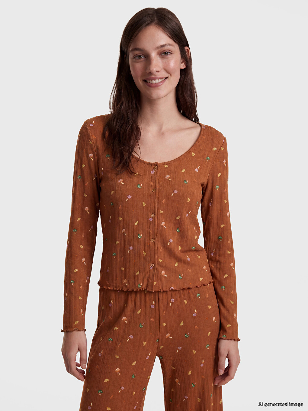 Set De Pijama Pentru Femei Cu Model, Cu Guler În Formă De U-1