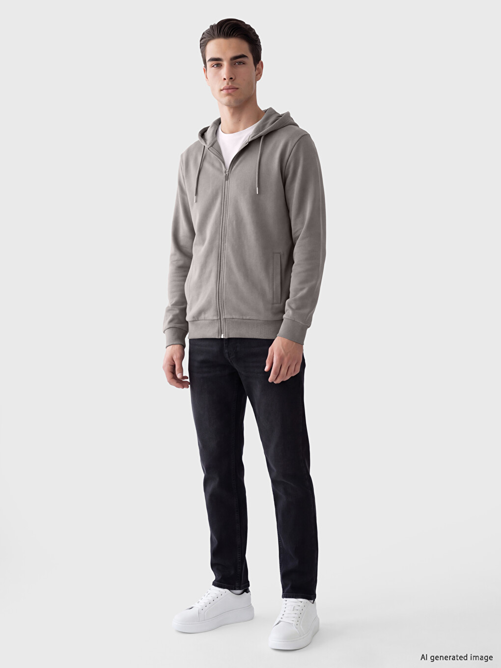 Gri Kapüşonlu Erkek Fermuarlı Sweatshirt-1