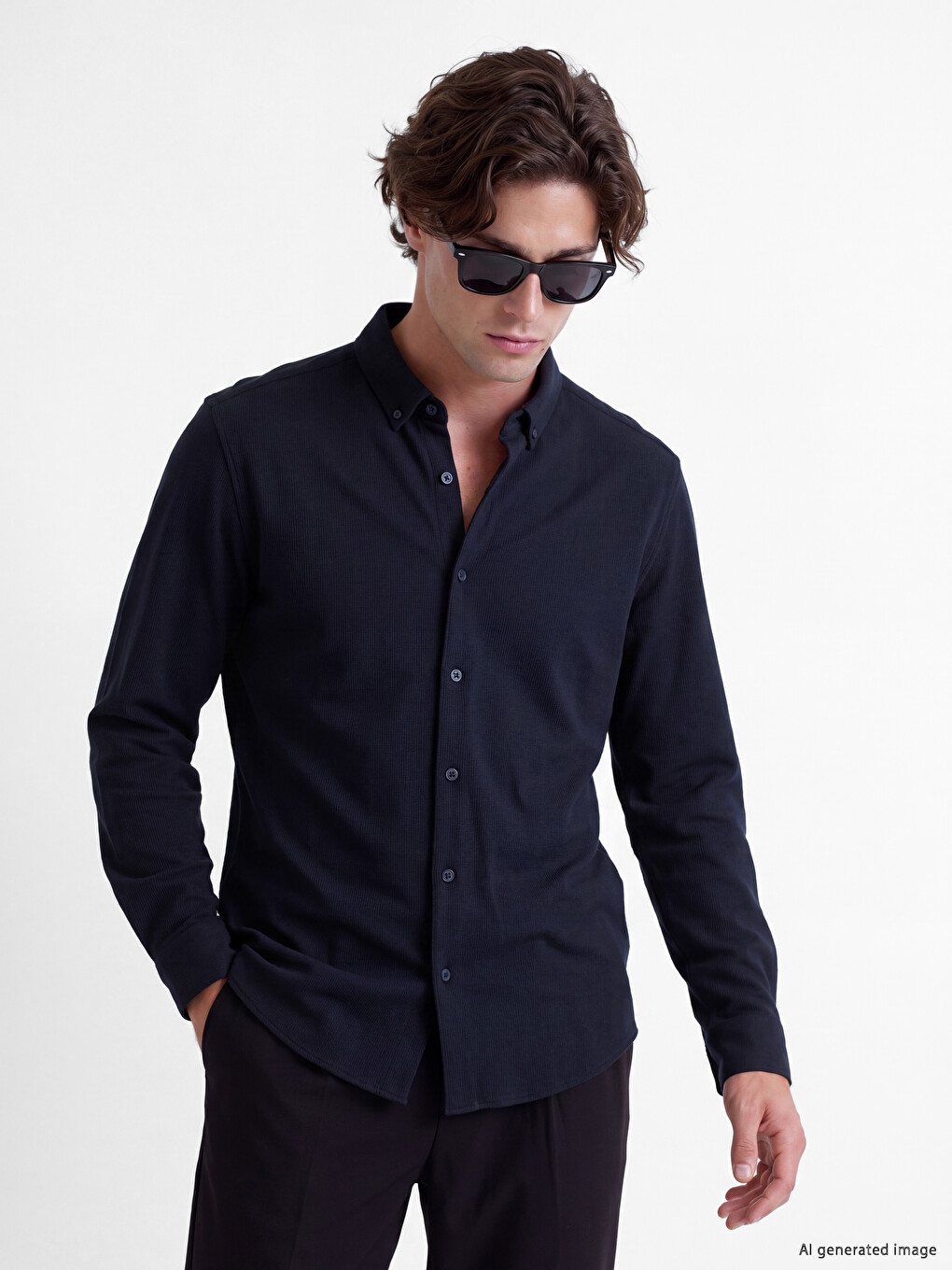 Lacivert Slim Fit Dokulu Erkek Gömlek