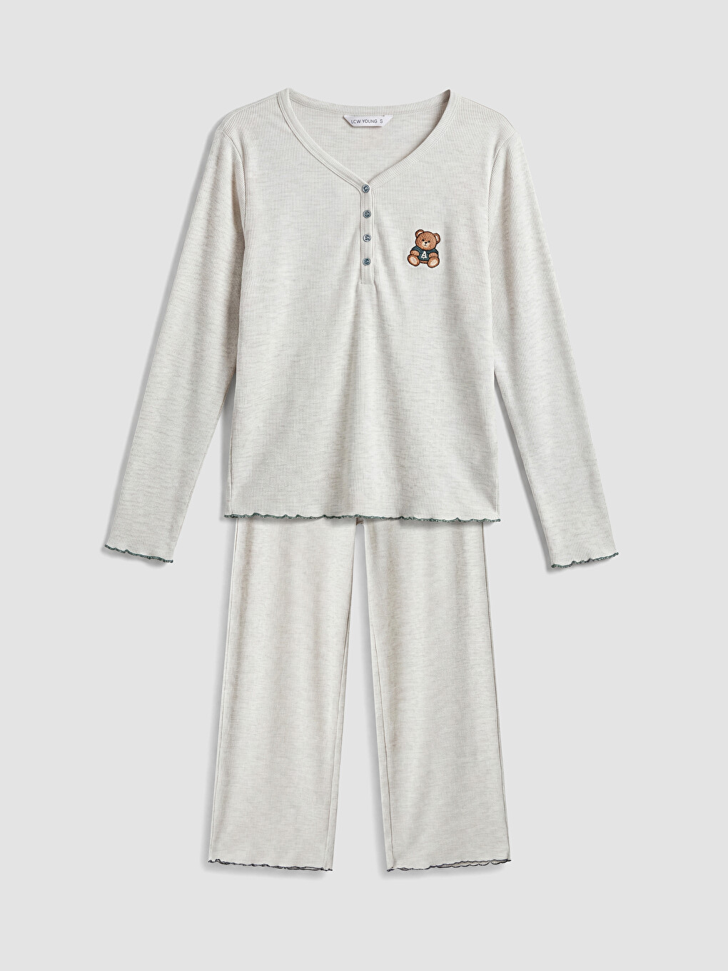 Bej V Yaka Nakışlı Kadın Pijama Takımı