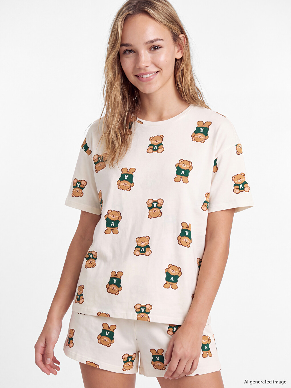 Pembe Ayı Baskılı Kadın Şortlu Pijama Takımı-1