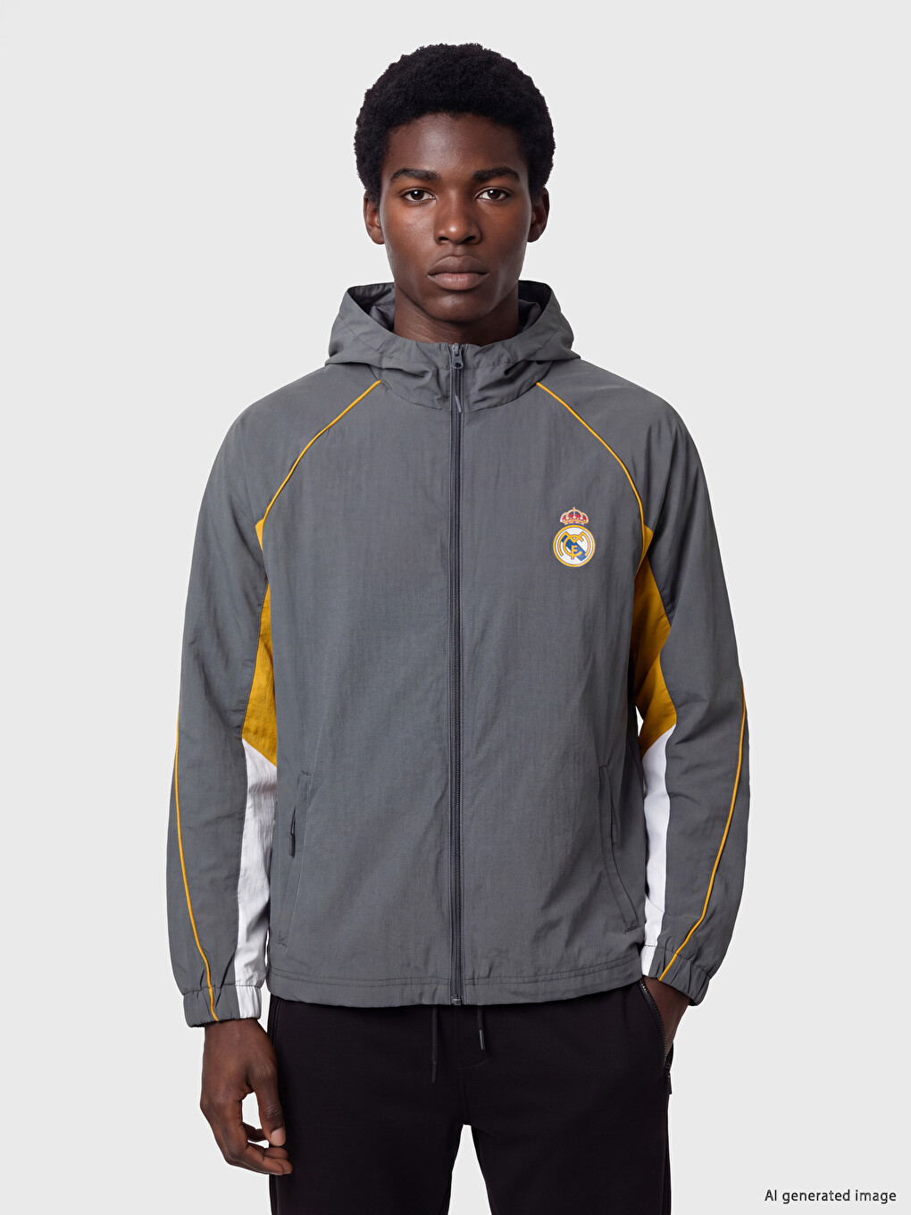 Gri Real Madrid Kapüşonlu Erkek Fermuarlı Sweatshirt