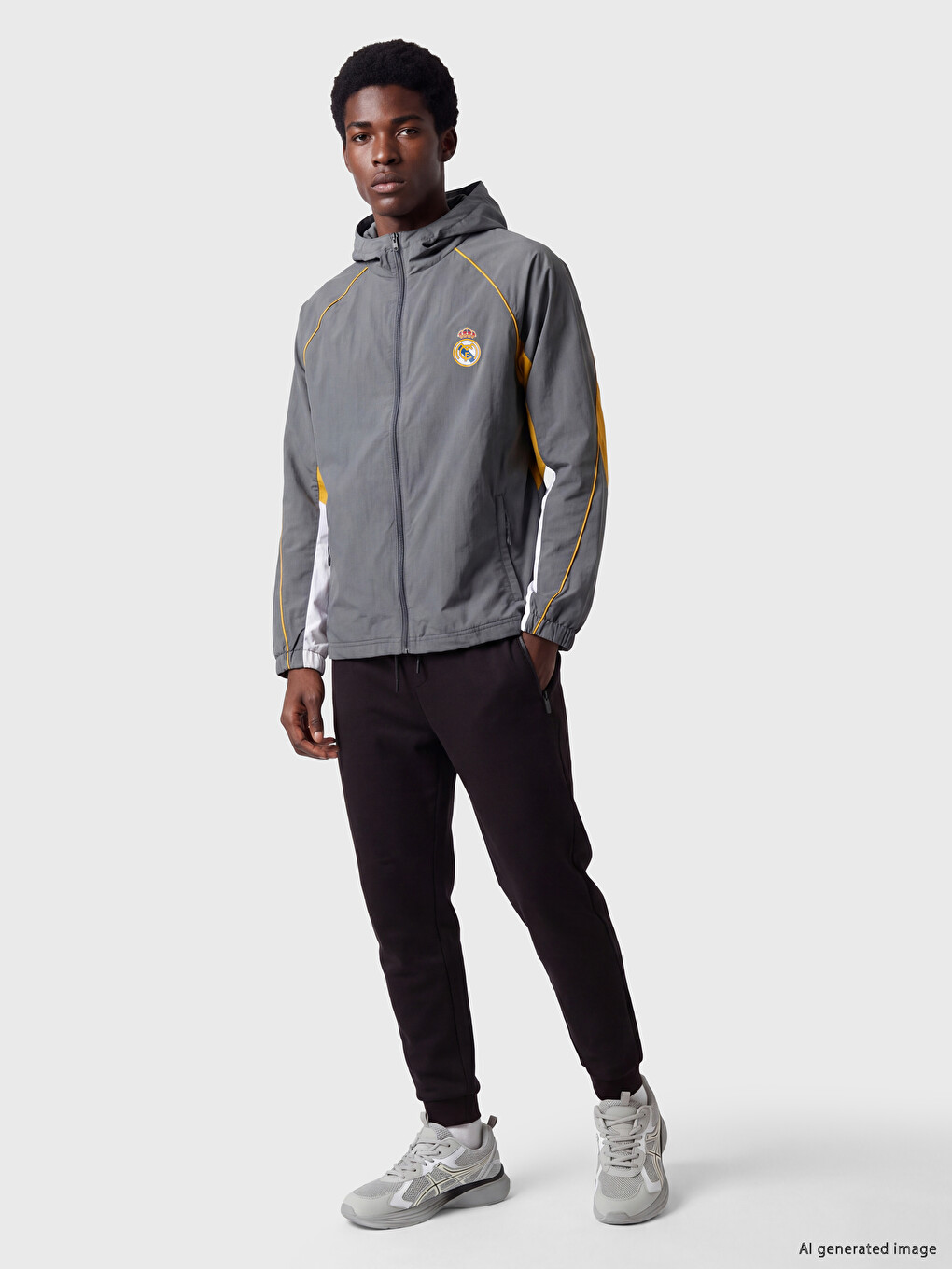 Gri Real Madrid Kapüşonlu Erkek Fermuarlı Sweatshirt-1
