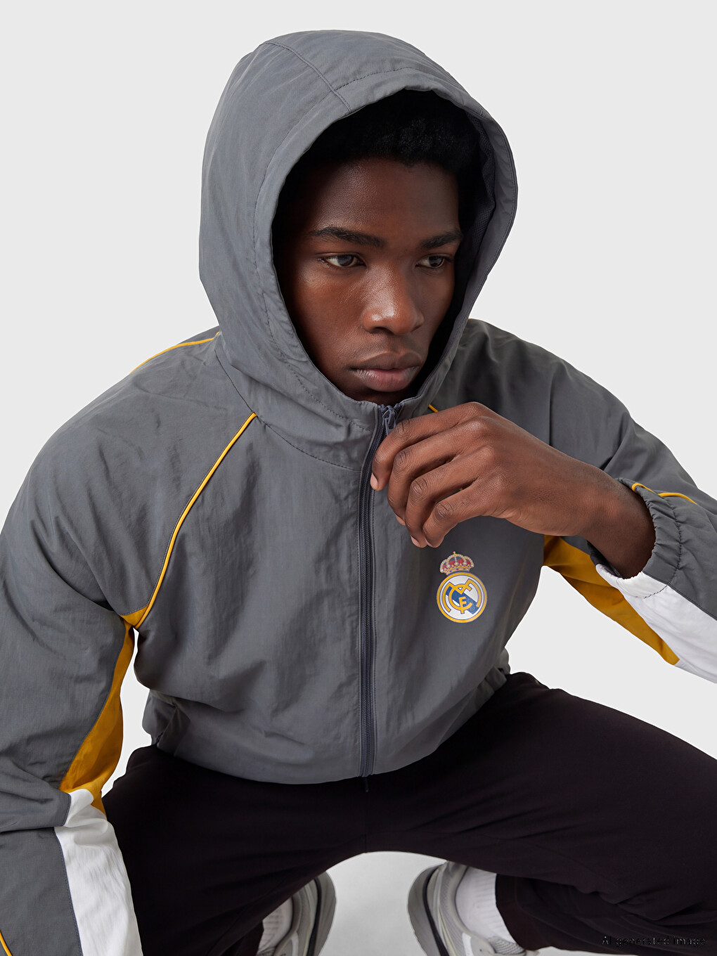Gri Real Madrid Kapüşonlu Erkek Fermuarlı Sweatshirt-2