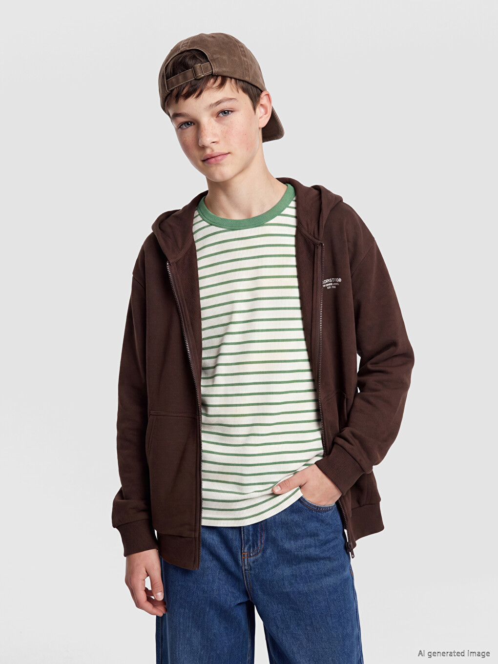 Kahverengi Kapüşonlu Baskılı Erkek Çocuk Fermuarlı Sweatshirt