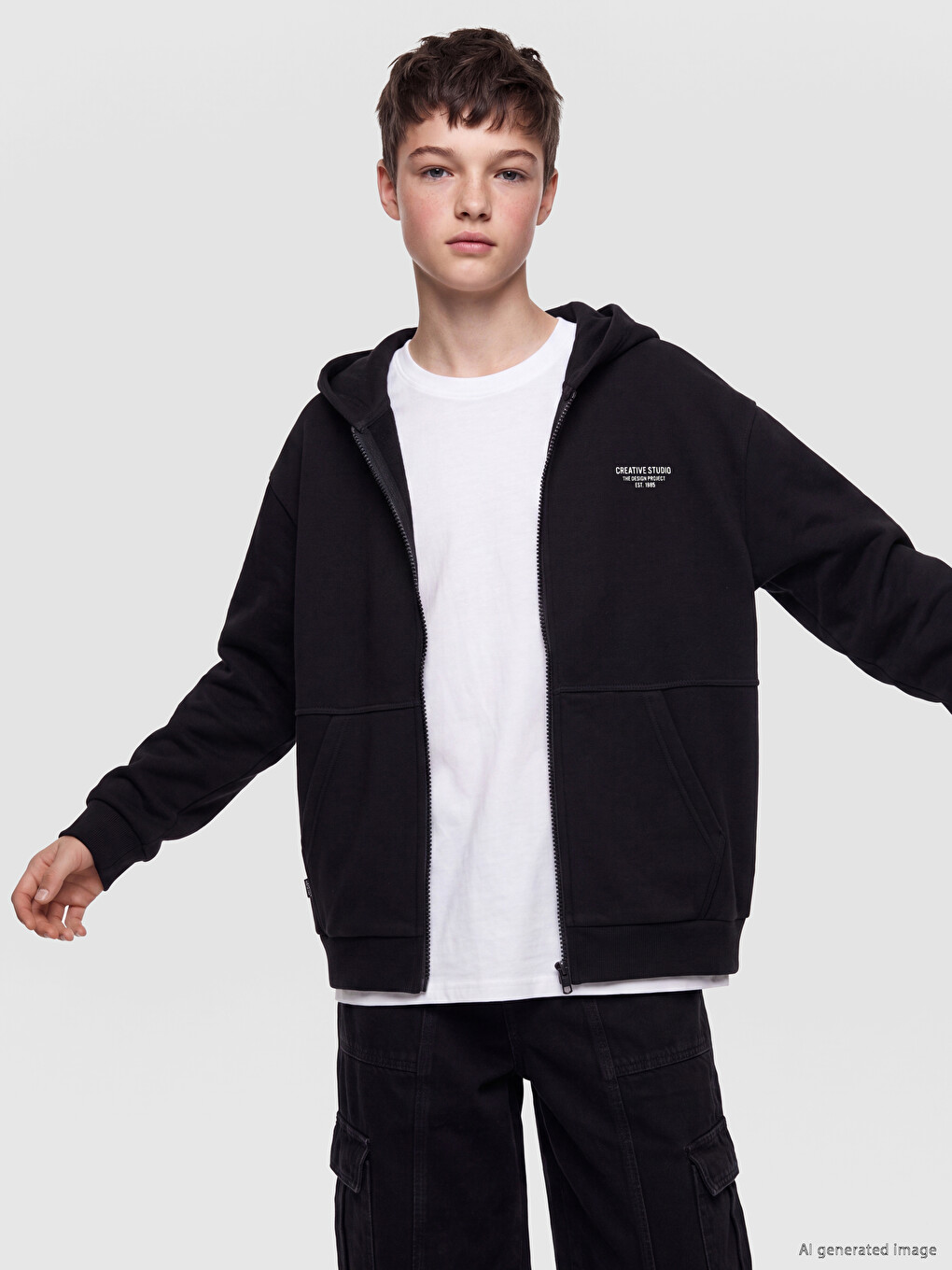 Siyah Kalın Erkek Çocuk Fermuarlı Sweatshirt