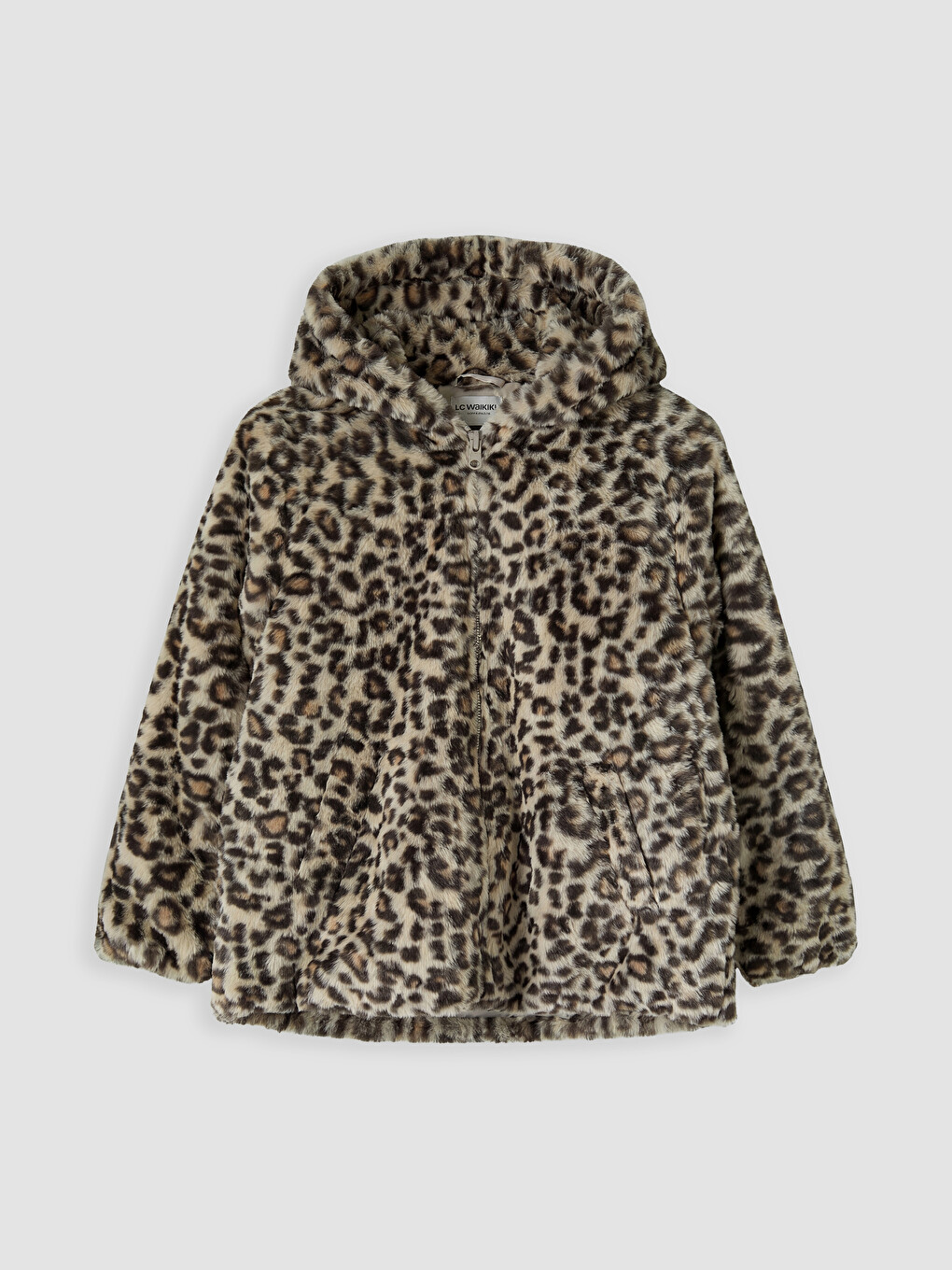 Hooded Leopard Patterned Girls' Plush Coat