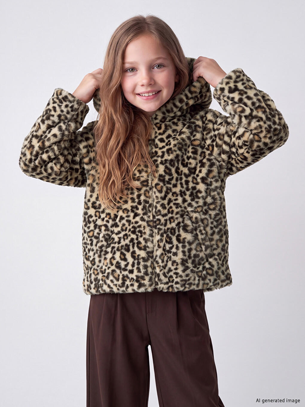 Hooded Leopard Patterned Girls' Plush Coat