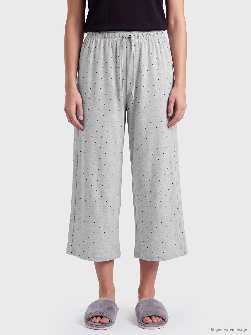 Gri Puantiyeli Kadın Kapri Pijama Altı-1
