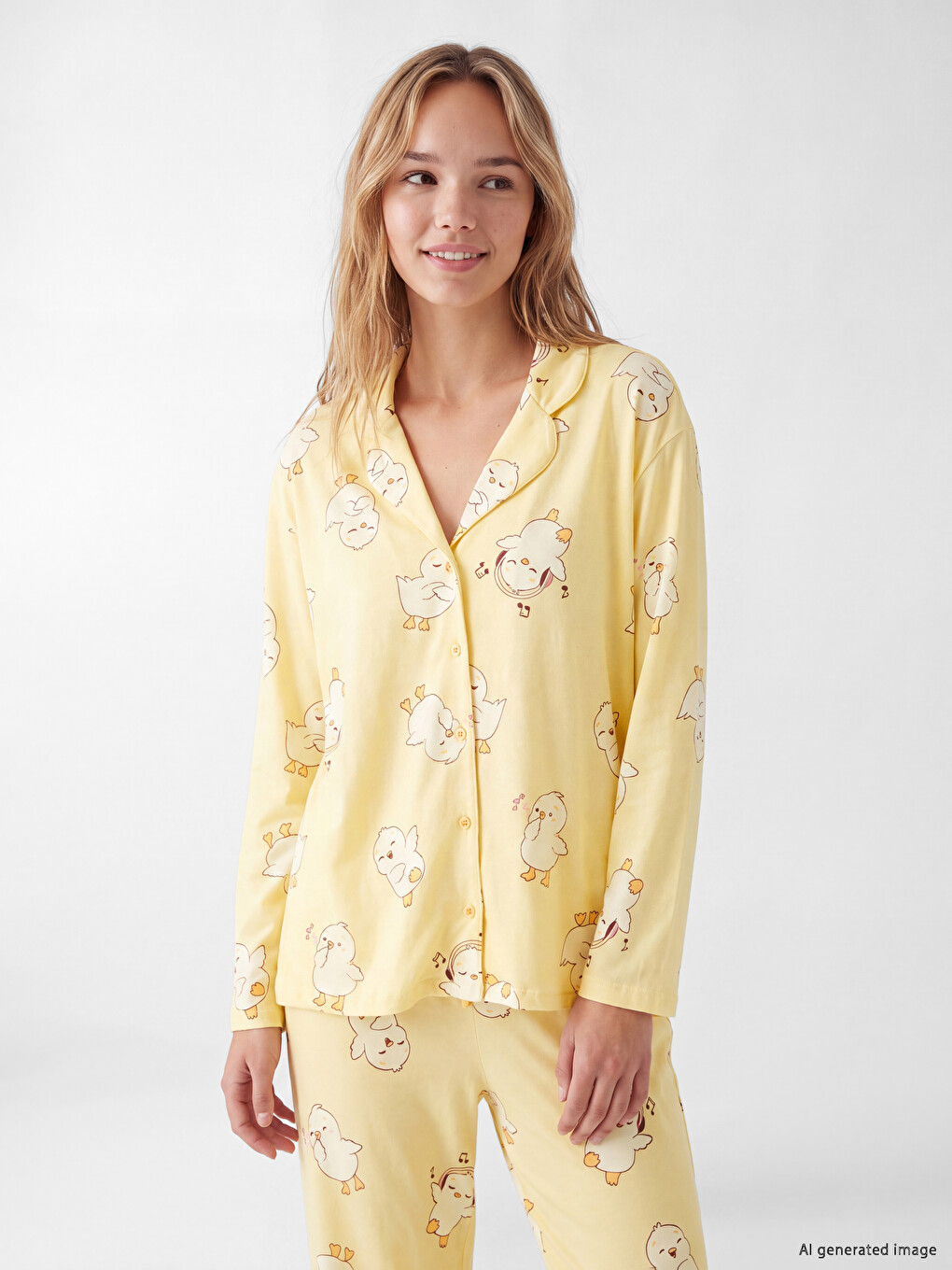 Sarı Gömlek Yaka Desenli Kadın Pijama Takım-1