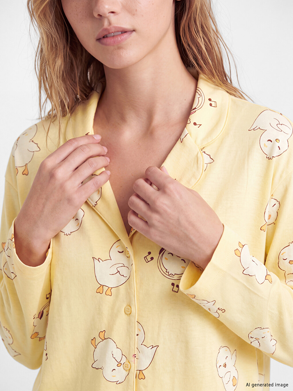 Sarı Gömlek Yaka Desenli Kadın Pijama Takım-2