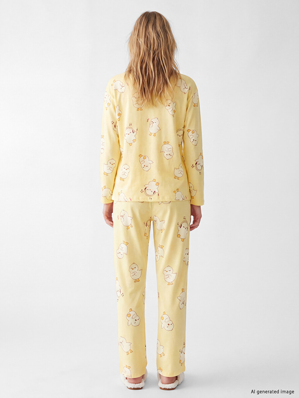 Sarı Gömlek Yaka Desenli Kadın Pijama Takım-3