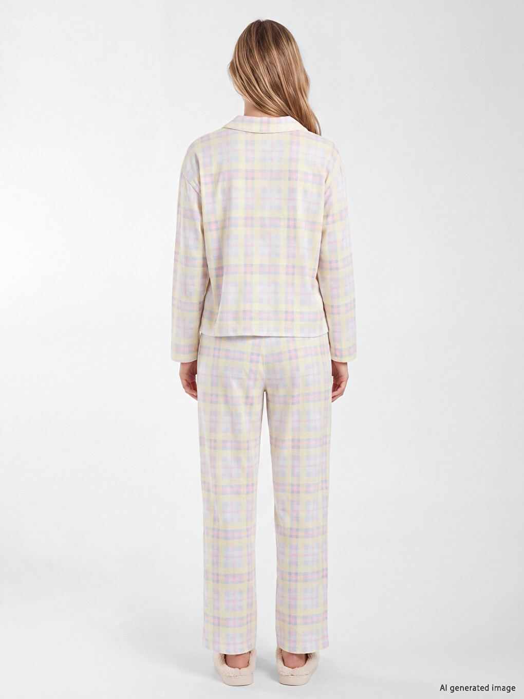 Sarı Gömlek Yaka Ekose Kadın Pijama Takım-3