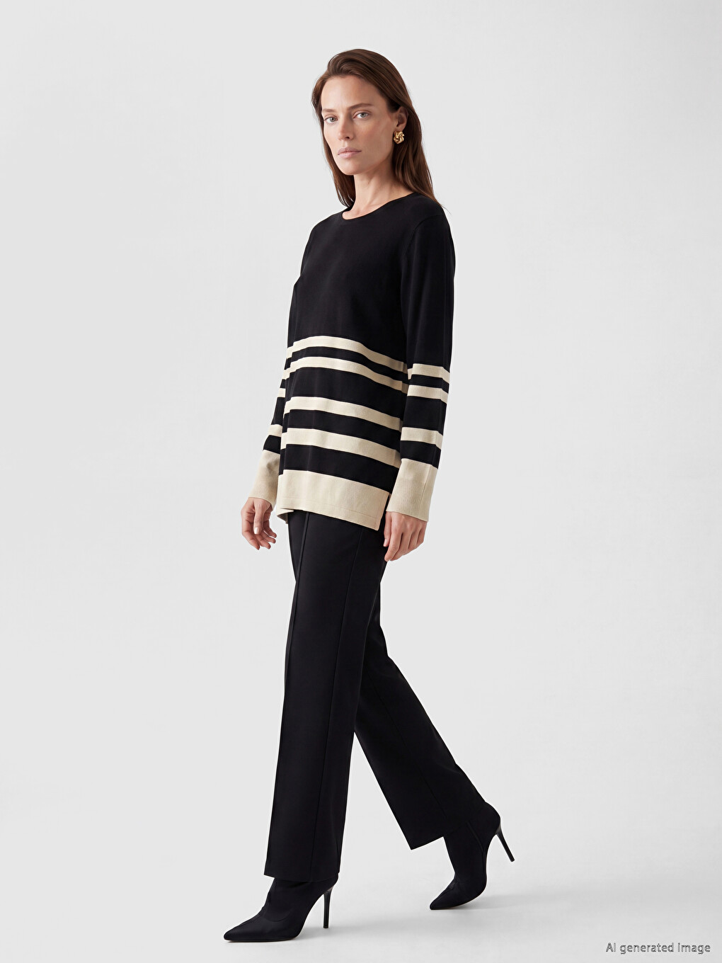 Crew Neck Striped Women's Knitwear Sweater-1