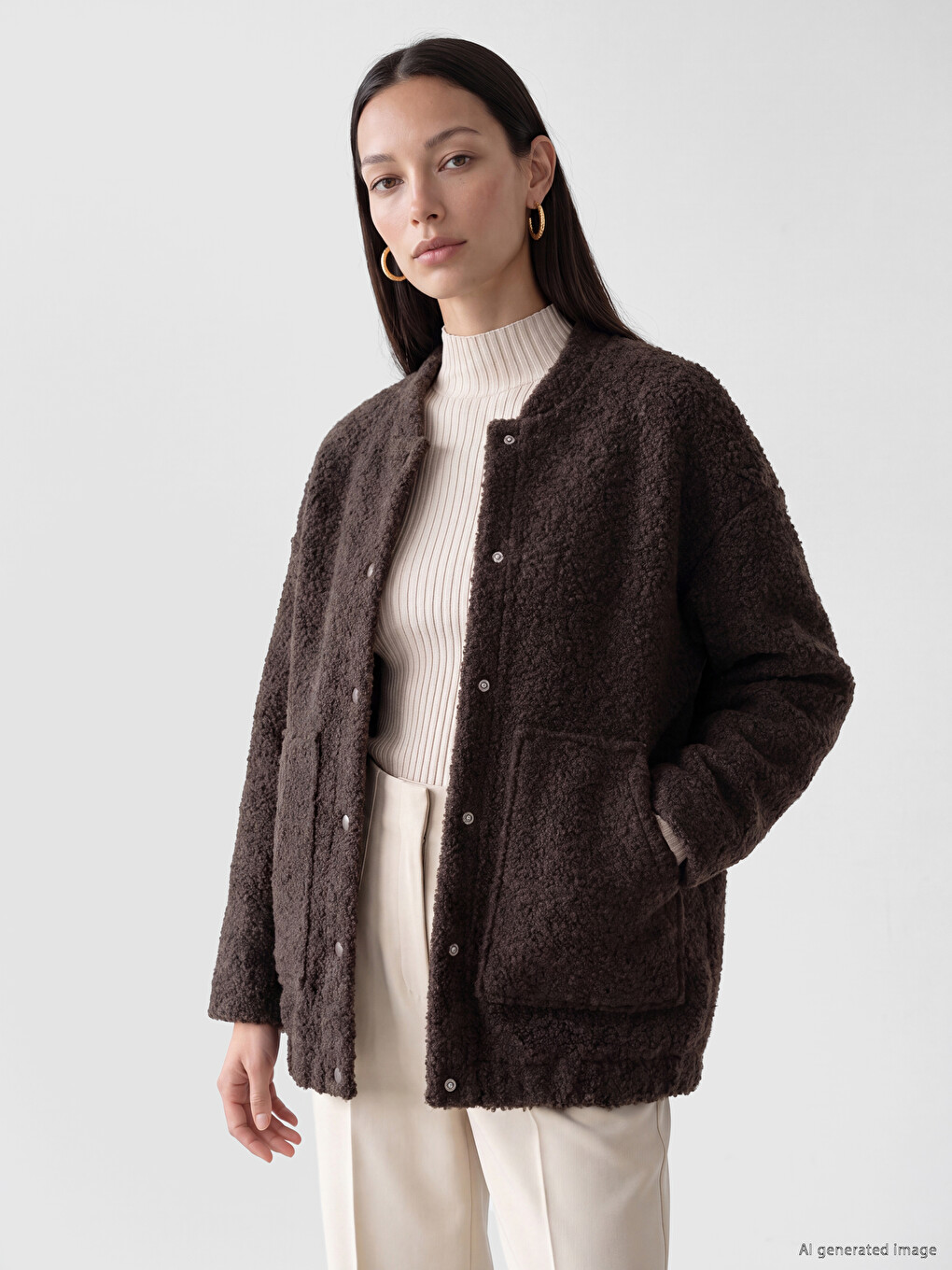 Kahverengi Oversize Kadın Bomber Kaşe Kaban