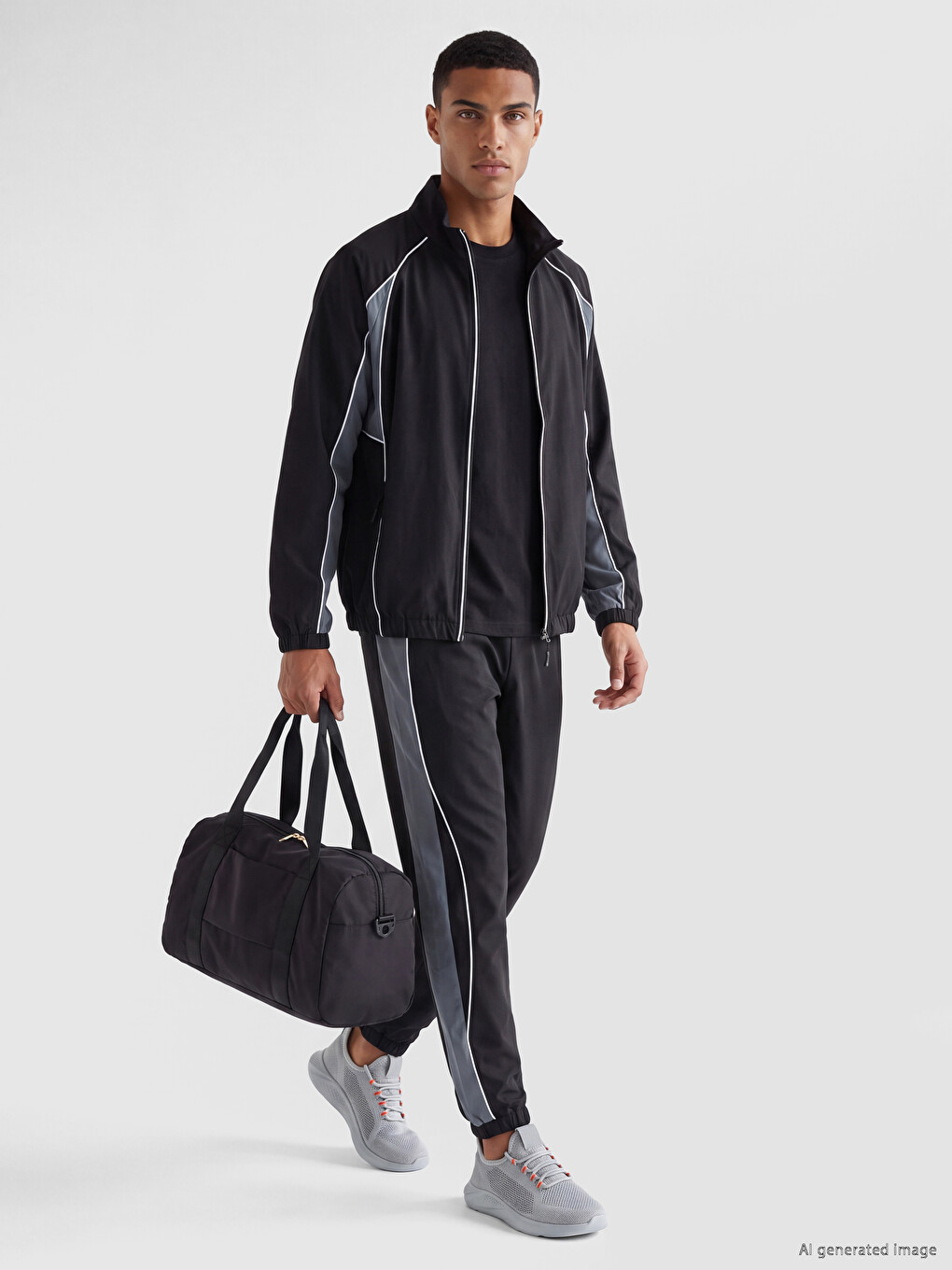 Siyah Dik Yaka Renk Bloklu Erkek Fermuarlı Sweatshirt-1