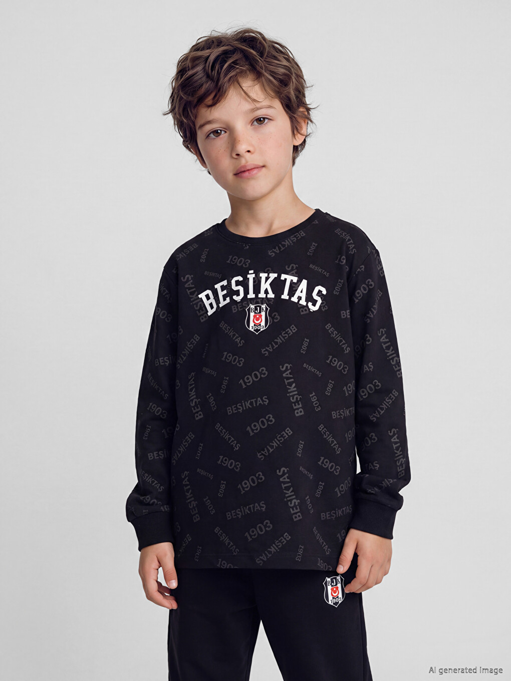 Siyah Beşiktaş Erkek Çocuk Bisiklet Yaka Pijama Takımı-1
