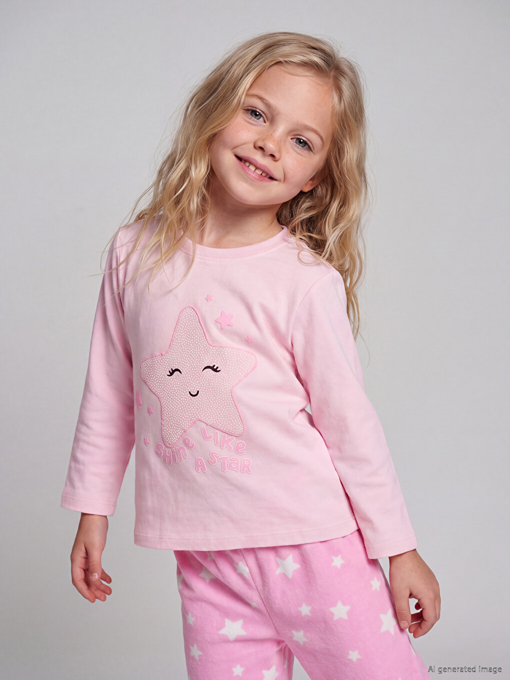 Pembe Yıldız Desenli Kız Çocuk Pijama Takımı-1