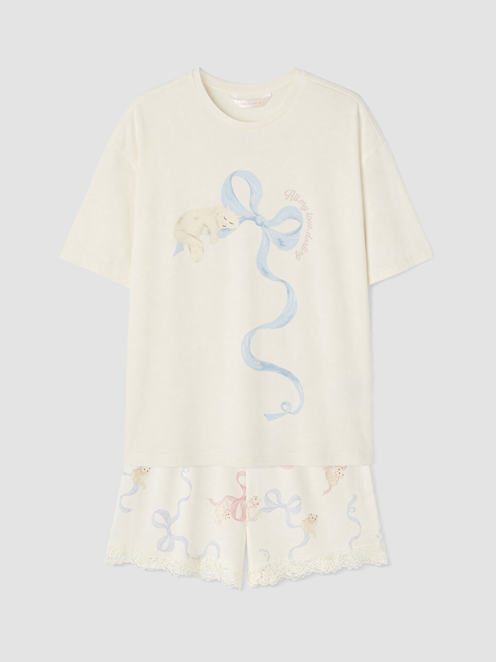 Ekru Baskılı Kadın Şortlu Pijama Takımı-4
