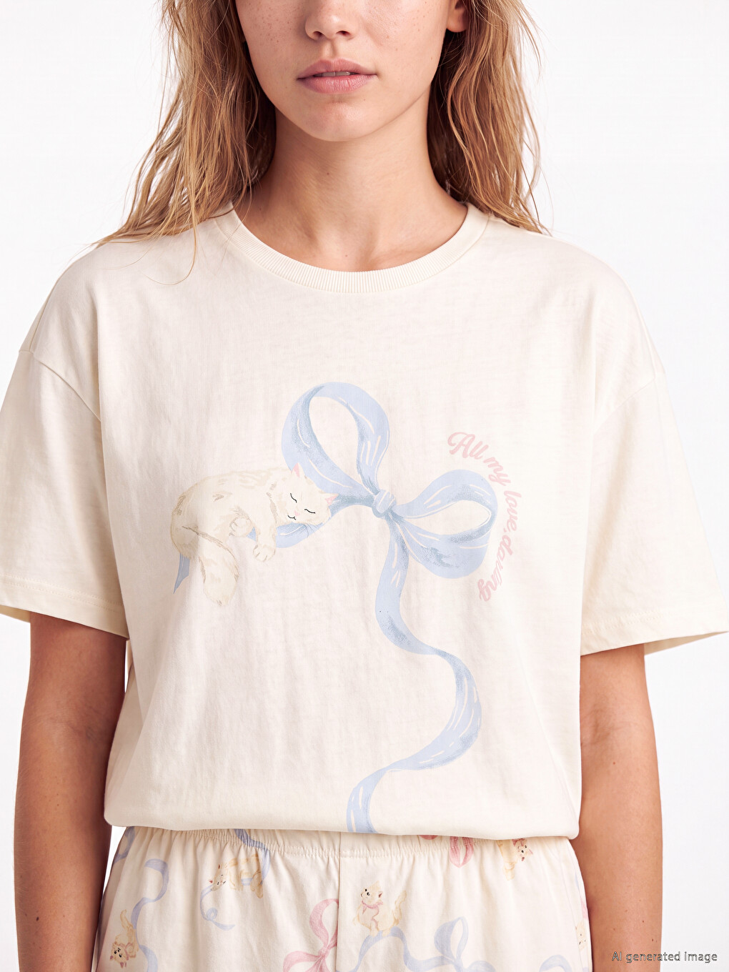 Ekru Baskılı Kadın Şortlu Pijama Takımı-2