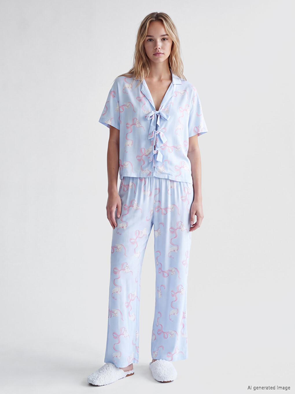 Mavi Gömlek Yaka Desenli Kadın Pijama Takımı