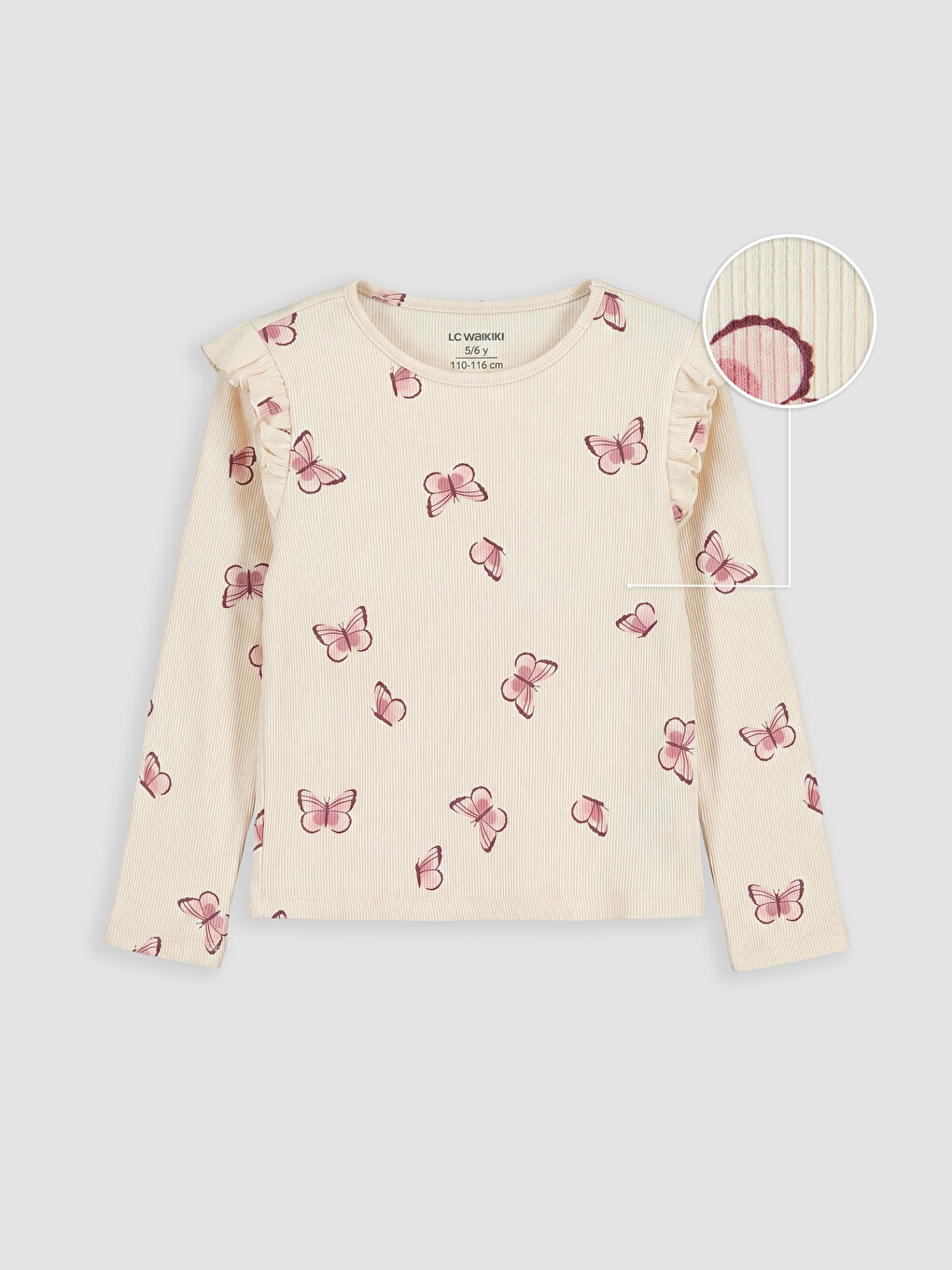 Crew Neck Butterfly Printed Ruffled Girls' T-shirt
