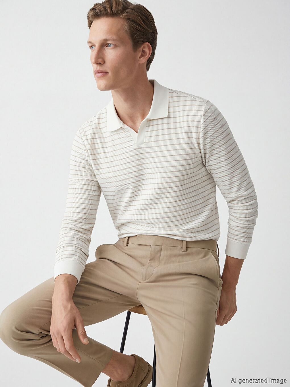 Bej Polo Yaka Çizgili Erkek Sweatshirt