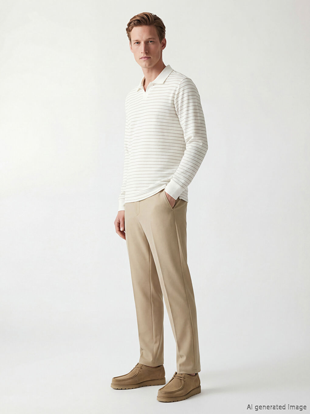 Bej Polo Yaka Çizgili Erkek Sweatshirt-1