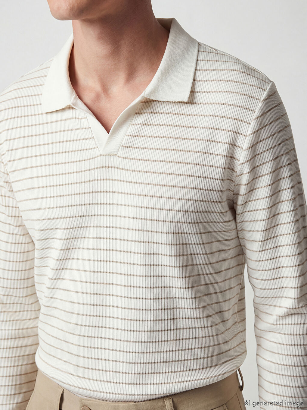 Bej Polo Yaka Çizgili Erkek Sweatshirt-2