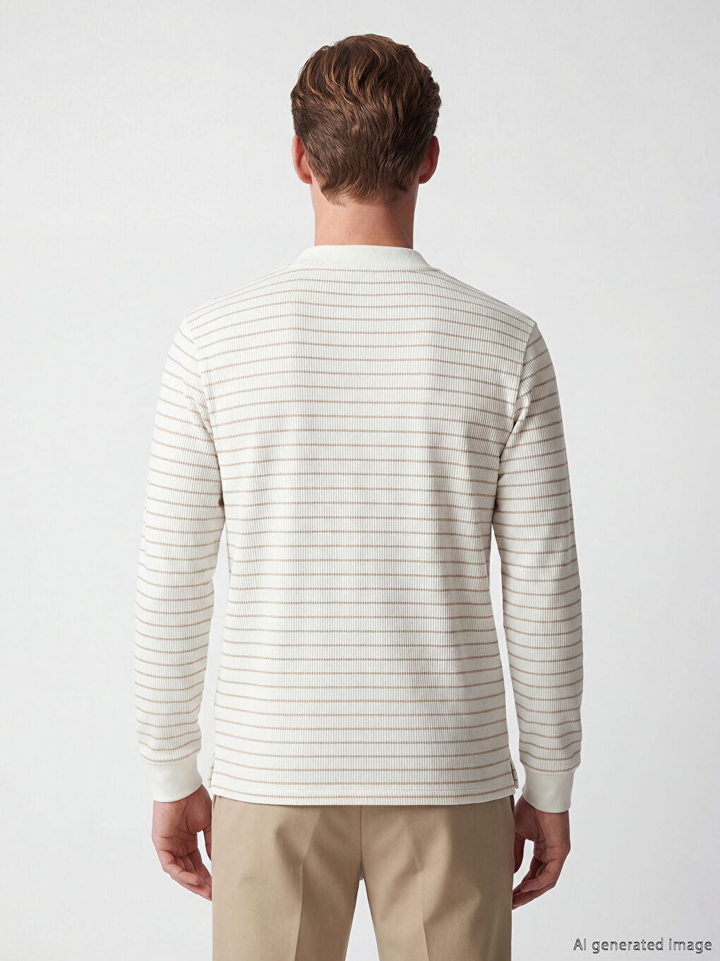 Bej Polo Yaka Çizgili Erkek Sweatshirt-3